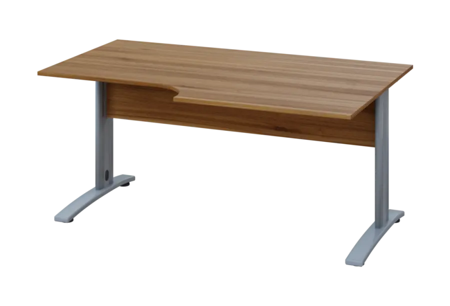 ERK 28 - 168 stůl kancelářský, rohový, pravý, kovová podnož stříbrná deska 25 mm, široký 1600 mm, ořech světlý